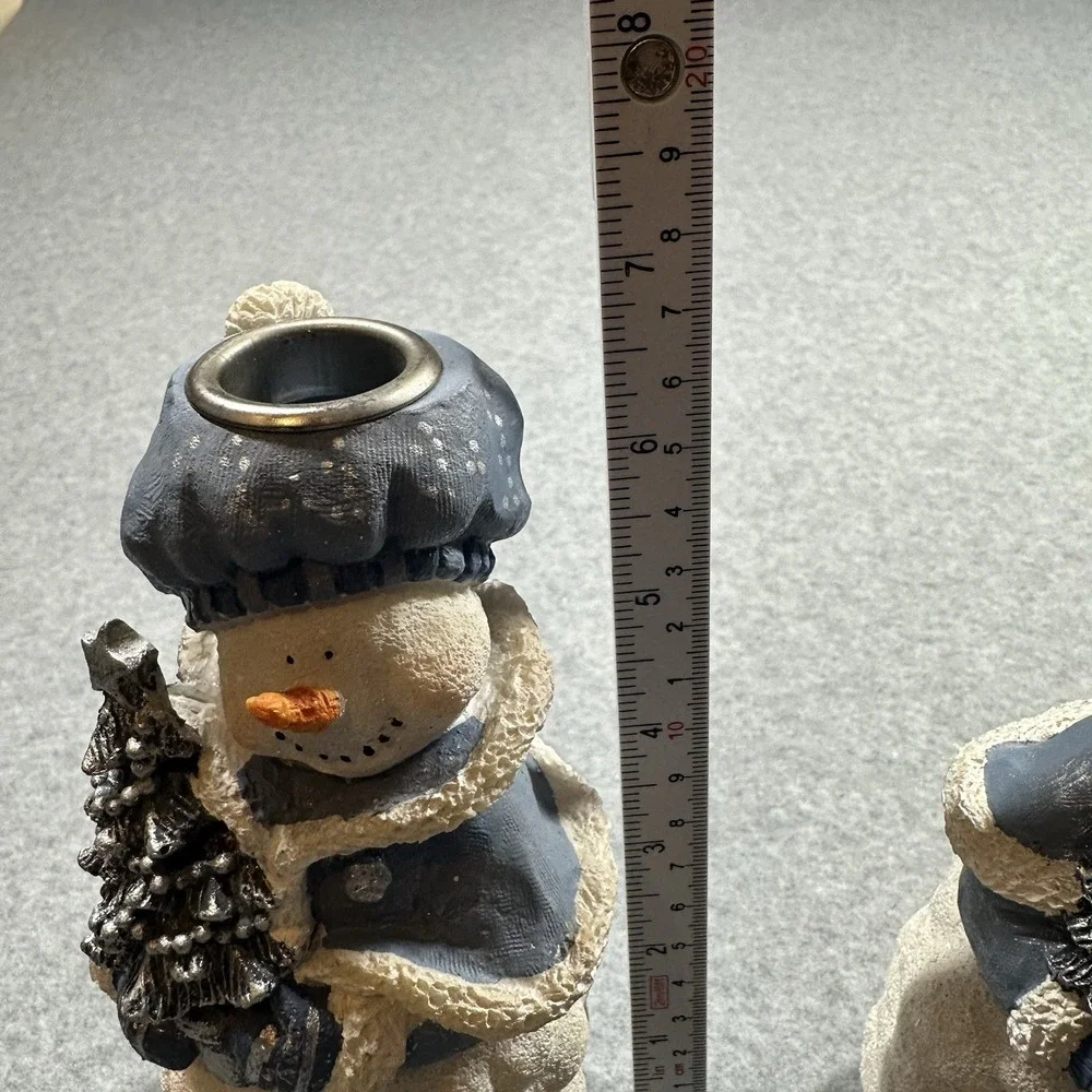 Snowman Taper Candle Holders Set Blue Winter Resin 2000 Christmas 7 In‎
